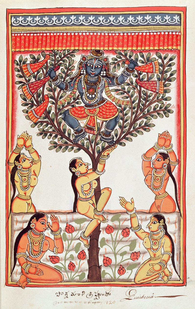 Kryszna kradnący ubrania Gopi pływających w Jamunie (toaleta na papierze) autorstwa Indian School