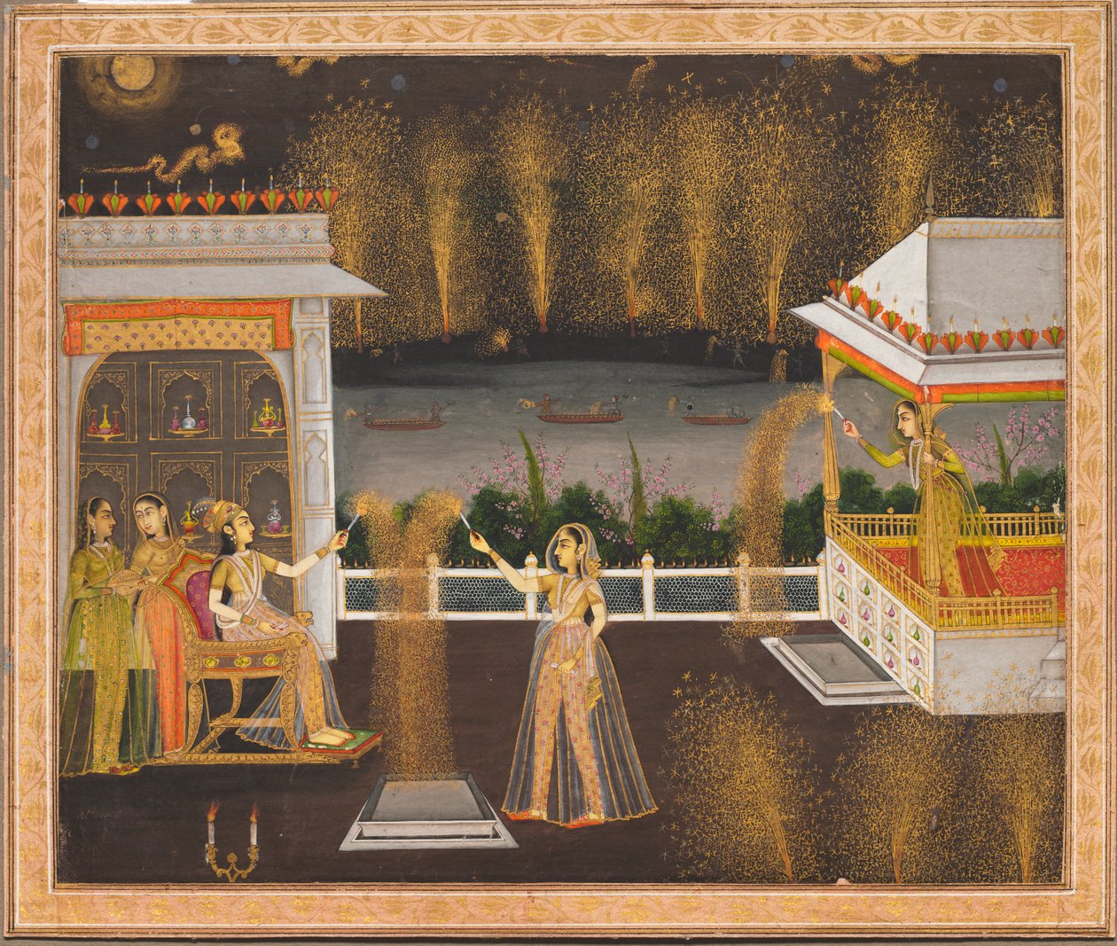 Panie świętujące Diwali, ok. 1760 (nieprzezroczysta akwarela i złoto na papierze) autorstwa Indian School