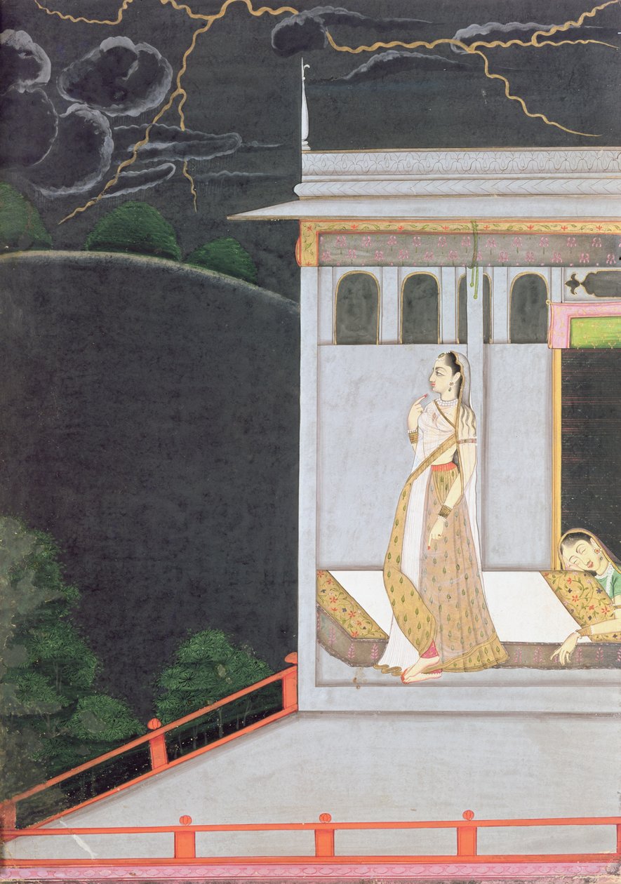 Dama czekająca na kochanka, z "Vasakasayya Nayika", jedna z bohaterek hinduskiej retoryki, Wzgórza Pendżabu, ok. 1760 r. autorstwa Indian School
