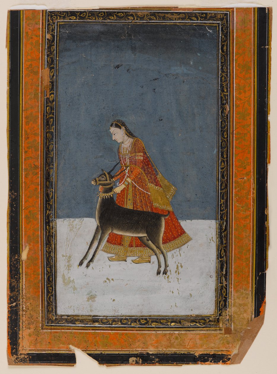 Dama z czarnym kozłem, ok. 1750 (wc i złoto na papierze) autorstwa Indian School