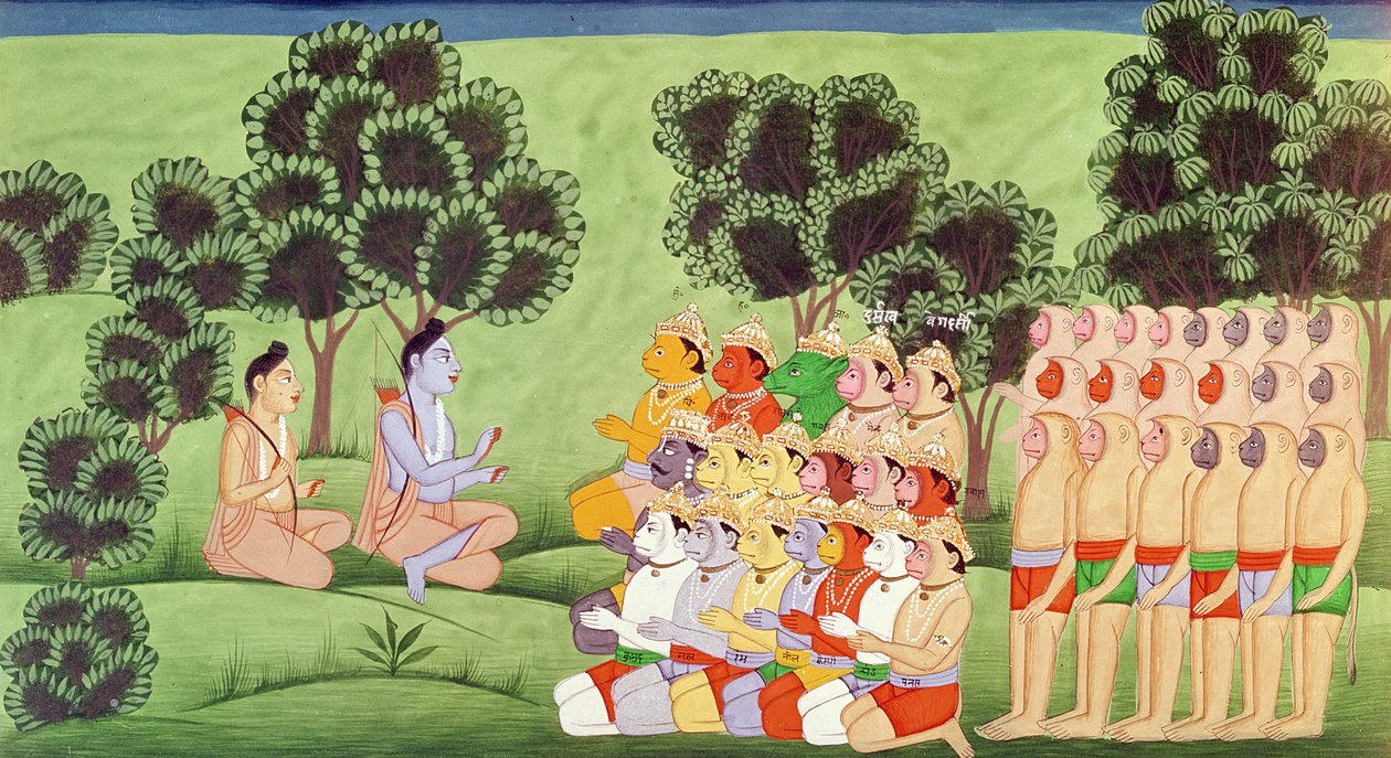 Lakszmana konsultuje się z szefami armii małp, z Ramajany autorstwa Indian School