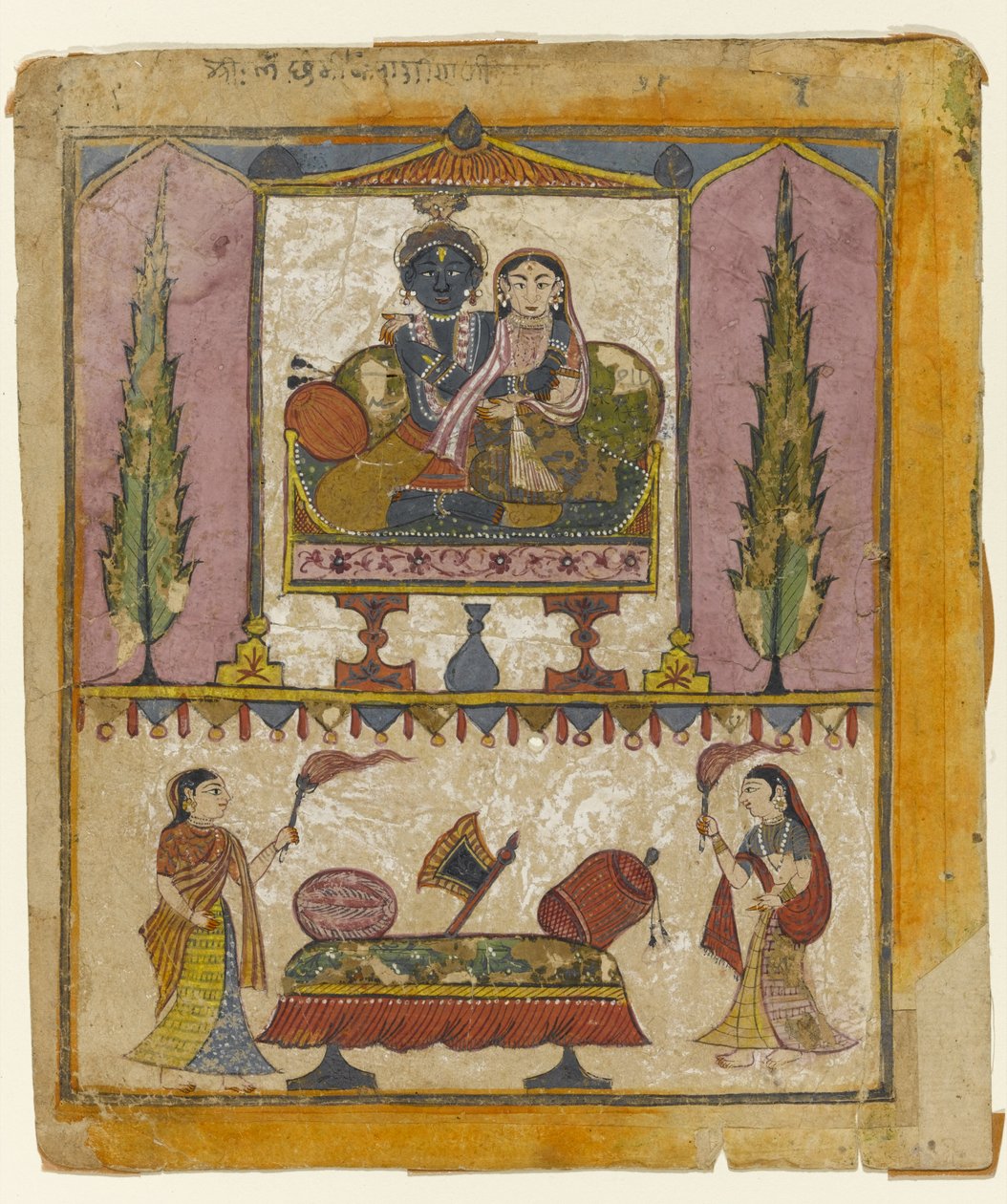 Lakshmi Naryana, frontyspis z Tula Ram Bhagavata Purana (nieprzezroczysta toaleta, złoto i srebro na papierze) autorstwa Indian School