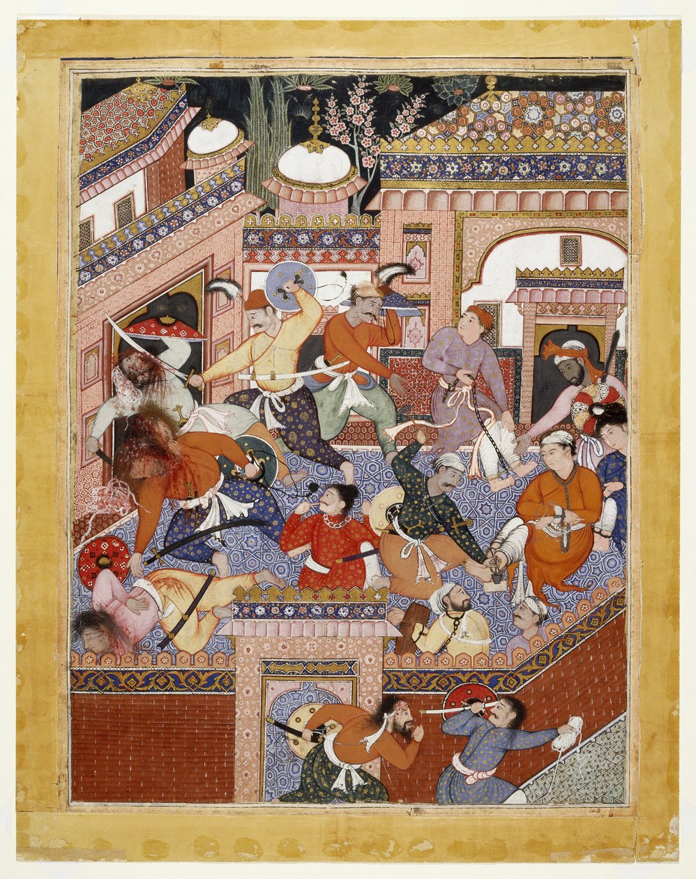 Prowadzeni przez Songhura Balkhiego i Lulu Szpiega, Ayyars podcięli gardła strażnikom więziennym i uwolnili Saida Farrukha-Nizhada, 1557 - 1572 (nieprzezroczysta akwarela i złoto na bawełnianej tkaninie) autorstwa Indian School