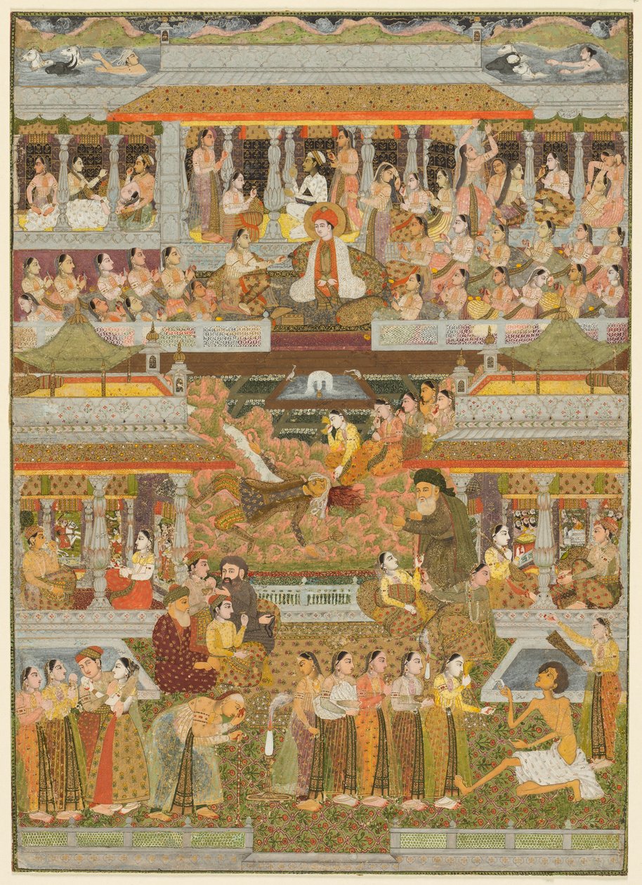 Kochankowie i ukochani: Złożenie scen z literatury perskiej, urdu i sanskryckiej, c. 1735 (nieprzezroczysta akwarela ze złotem na papierze) autorstwa Indian School