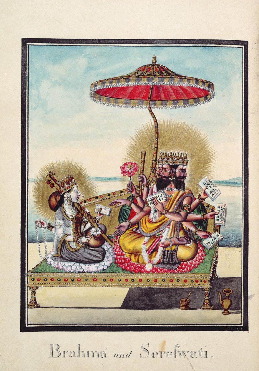 MSS EUR C 116/1 f.24v Brahma i Saraswati, z hinduskiego eposu „Adhyatma Ramayana”, autorstwa artysty Chapra, znak wodny 1802 (akwarela) autorstwa Indian School