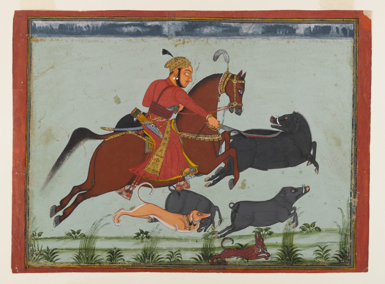 Maharaja Pratap Singh II z Mewar Hunting Boar, ok. 1750-75 (akwarela, złoto i srebro na papierze) autorstwa Indian School