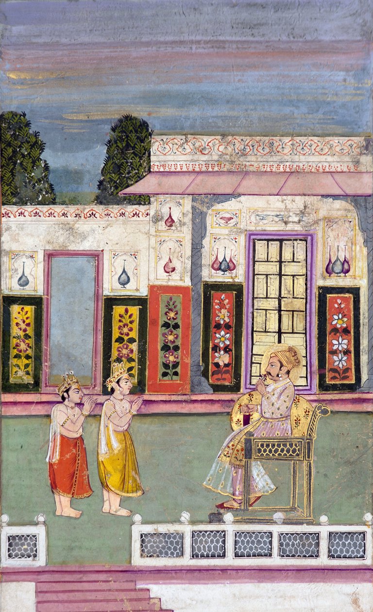Maharaja Sawai Jai Singh witany przez dwóch koronowanych mężczyzn, ok. 1735 (nieprzezroczysta toaleta i złoto na papierze) autorstwa Indian School