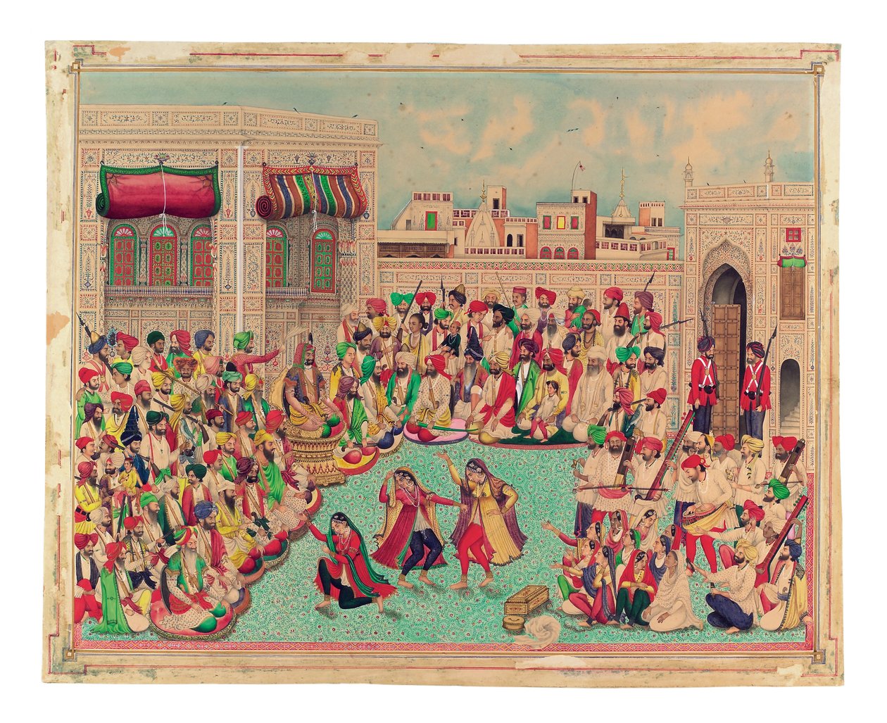 Maharaja Sher Singh i Towarzysze oglądający spektakl taneczny, ok. 1850 (nieprzezroczysta akwarela i złoto na papierze) autorstwa Indian School
