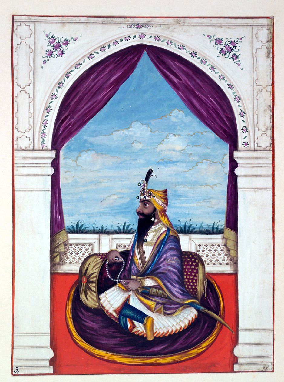 Maharaja Kharak Singh, z Królestwo Pendżabu, jego władcy i wodzowie, tom I, tom 27 studiów akwarelowych autorstwa niezidentyfikowanego indyjskiego artysty, ok. 1840 (wc) autorstwa Indian School