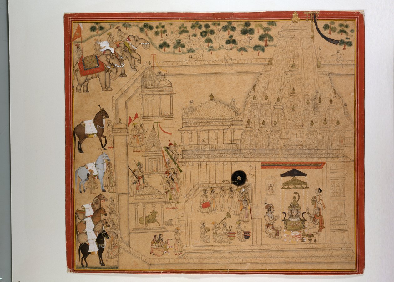 Maharana Amar Singh z Mewar w świątyni Eklingji, ok. 1695 (gwasz ze złotem i srebrem na papierze) autorstwa Indian School
