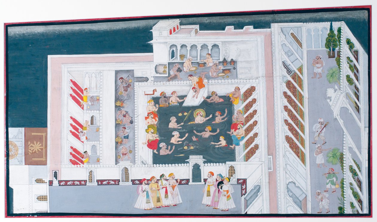Maharana Jagat Singh II igraszki w pałacowym basenie, ok. 1746-50 (nieprzezroczysta toaleta i złoto na papierze) autorstwa Indian School