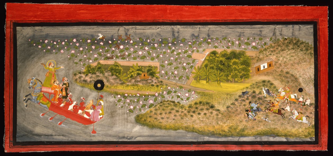 Maharana Jagat Singh II sokolnik i polowanie na dzika, ok. 1740 (nieprzezroczyste w/c, srebro i złoto na papierze, zamontowane na stronie albumu) autorstwa Indian School