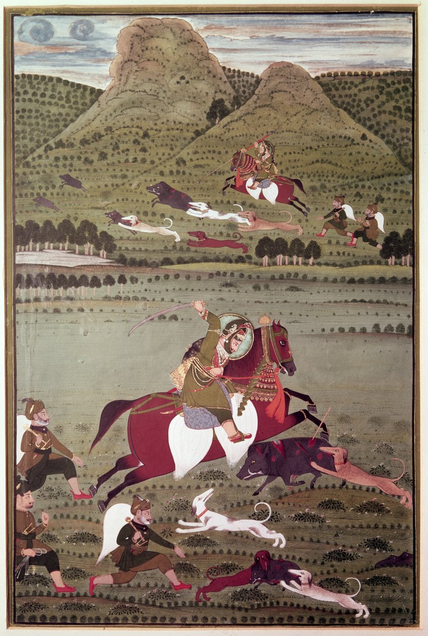 Maharana Jawan Singh (Reg.1828-38) z Mewer Hunting Wild Bore, Udaipur autorstwa Indian School