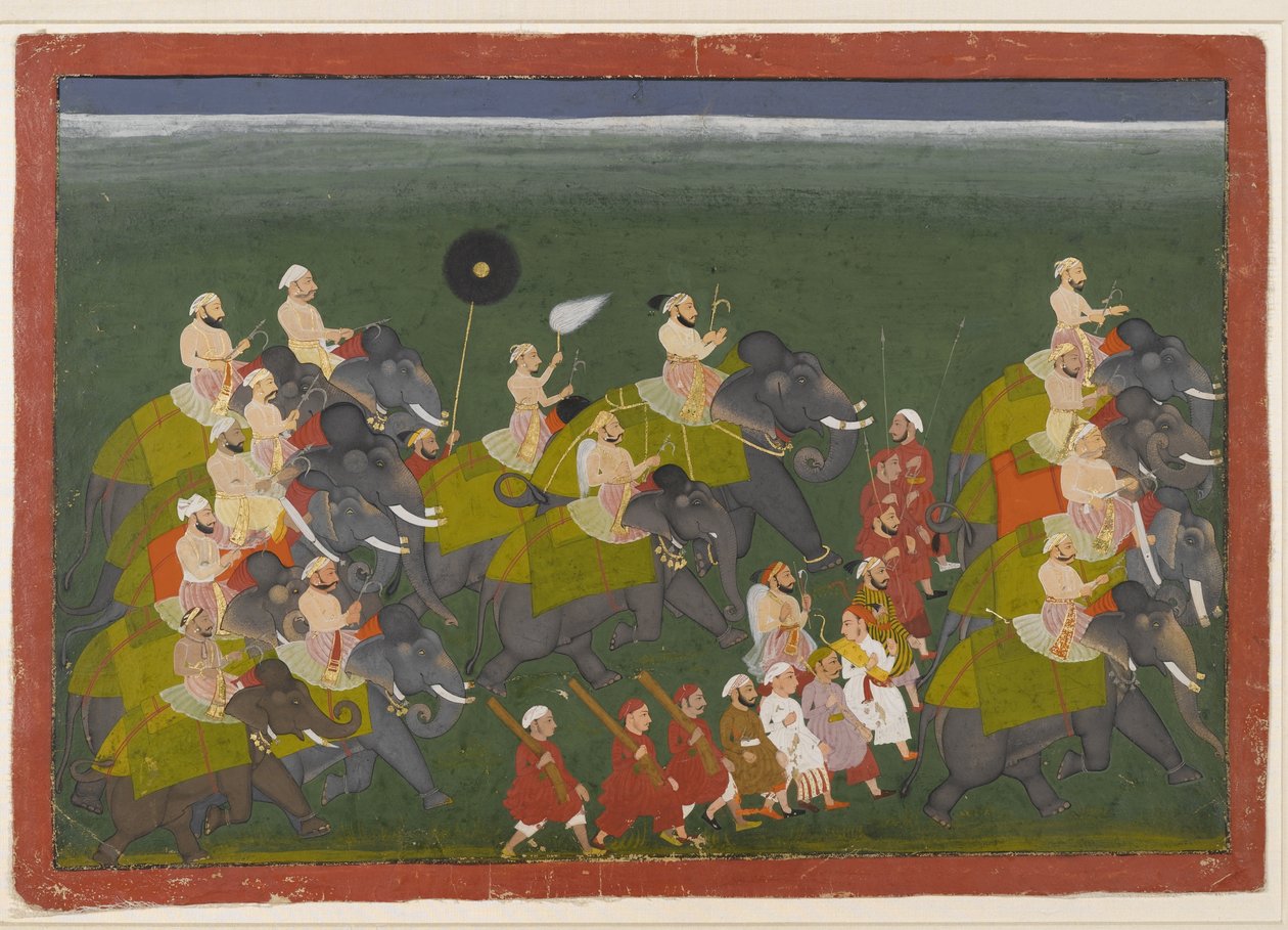 Maharana Sangram Singh of Mewar jedzie w procesji słoni, Udaipur, Radżastan, ok. 1730-40 (nieprzezroczysta toaleta i złoto na papierze) autorstwa Indian School