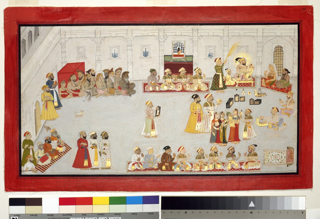 Maharana Sangram Singh ze swoimi dziećmi i dworzanami, ok. 1715 (nieprzezroczysta toaleta i złoto na papierze, zamontowane na stronie albumu) autorstwa Indian School