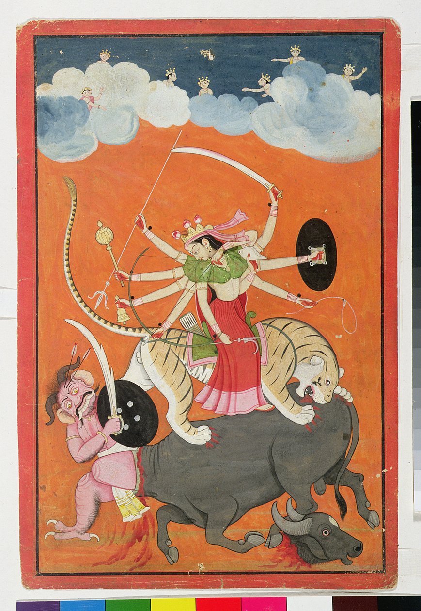 „Mahishasurmardini”, z „Devimahatmya of Markandeya Purana”, wypisany znakami Nagari na odwrocie, Guler, Szkoła Pahari autorstwa Indian School