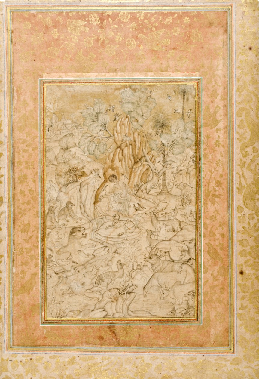 Majnun na pustyni, ok. 1595 (nieprzezroczysta toaleta i złoto na papierze) autorstwa Indian School