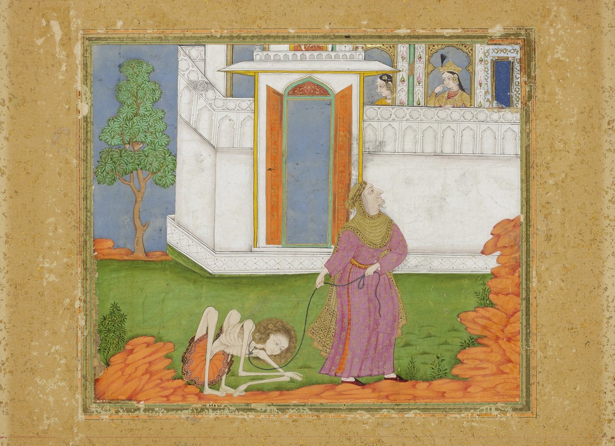 Majnun zostaje zredukowany do stanu nikczemnego, ok. 1700 r. (nieprzezroczysta toaleta i złoto na papierze) autorstwa Indian School