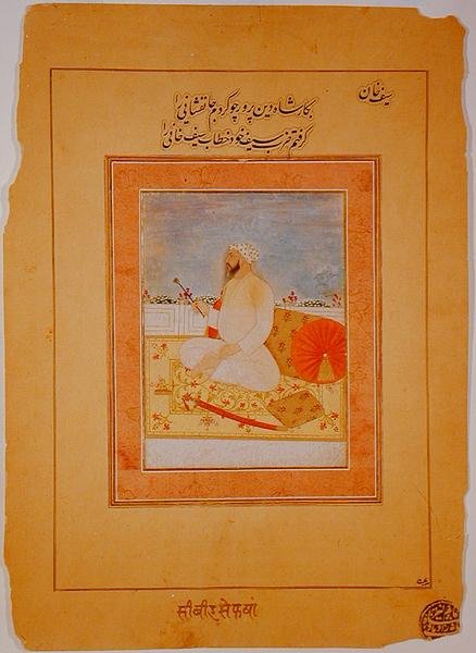 Miniatura Saif Khana, gubernatora Agry, Indian, ok. 1670-80 (nieprzezroczyste pigmenty mineralne na papierze płowożółtym) autorstwa Indian School