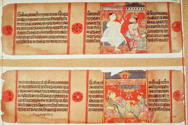Ms 55 65 fol.90 Dwie strony ze Szkoły Gujarat „Kalakacharya Katha” (gwasz na papierze) autorstwa Indian School
