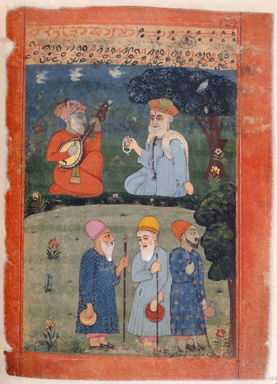 Pani Panj. B.40, f.128 Baba Nanak, Mardana i Fakirs, ilustracja z „Biografii Guru Nanaka” autorstwa Indian School