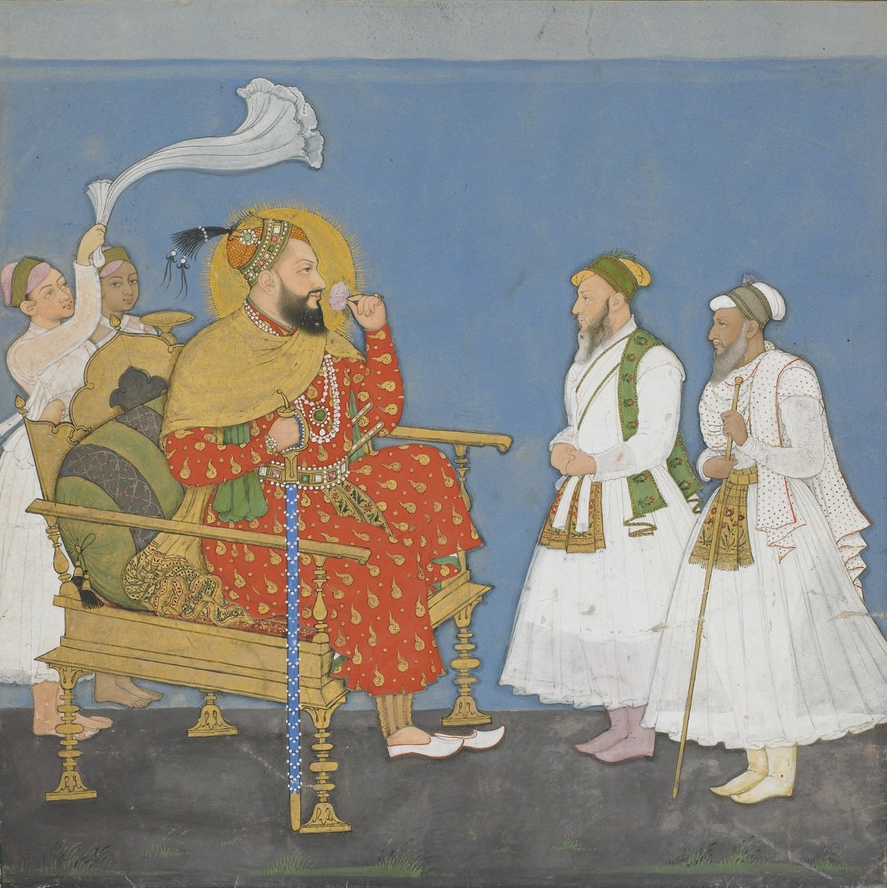 Muhammad Adil Shah II z dworzanami i sługami (nieprzezroczysta toaleta i złoto na papierze) autorstwa Indian School