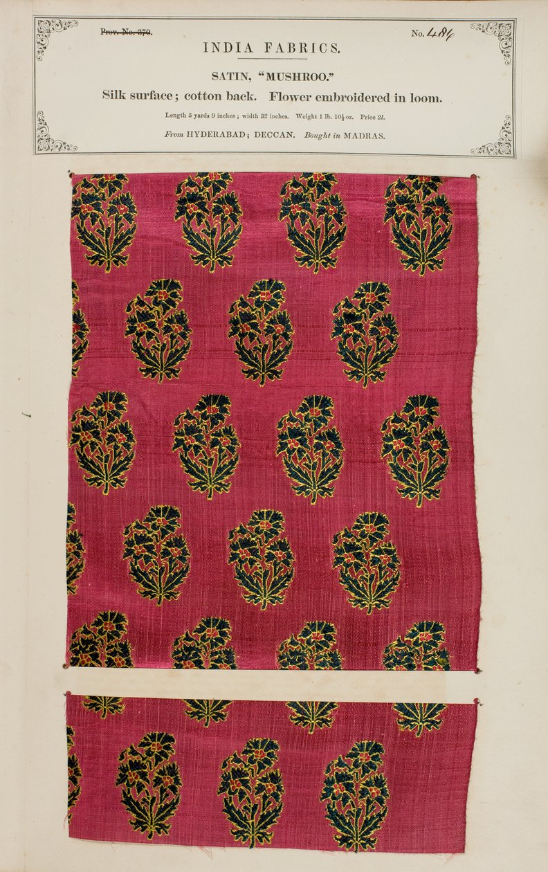 Próbka satyny grzybowej z Hyderabadu w Dekanie, z The Collection of the Textile Manufacturers of India, Johna Forbesa Watsona, opublikowana w 1866 r. autorstwa Indian School