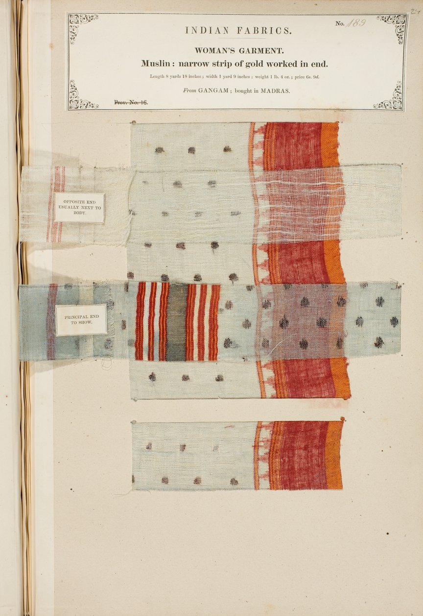 Próbka muślinu z Ganham, zakupiona w Madrasie, z The Collection of the Textile Manufacturers of India, Johna Forbesa Watsona, opublikowana w 1866 roku autorstwa Indian School