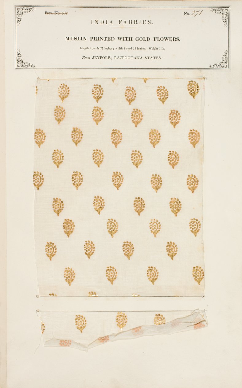 Próbka muślinu wydrukowana złotymi kwiatami z Jeypore w stanach Rajpootana, z The Collection of the Textile Manufacturers of India, Johna Forbesa Watsona, opublikowana w 1866 roku autorstwa Indian School