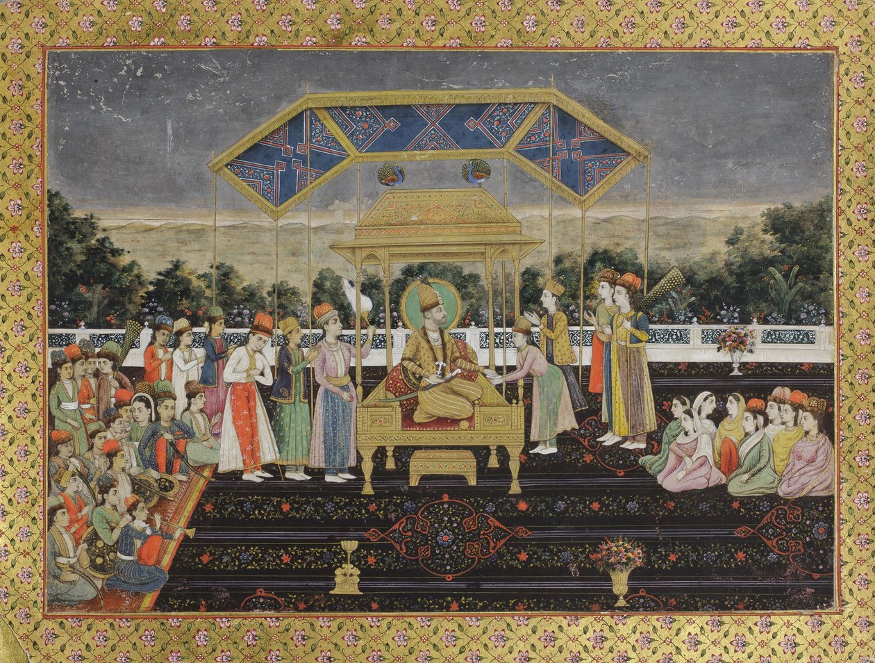 Nadir Shah na pawim tronie po pokonaniu Muhammada Shaha, ok. 1850 (nieprzezroczysta toaleta na papierze) autorstwa Indian School