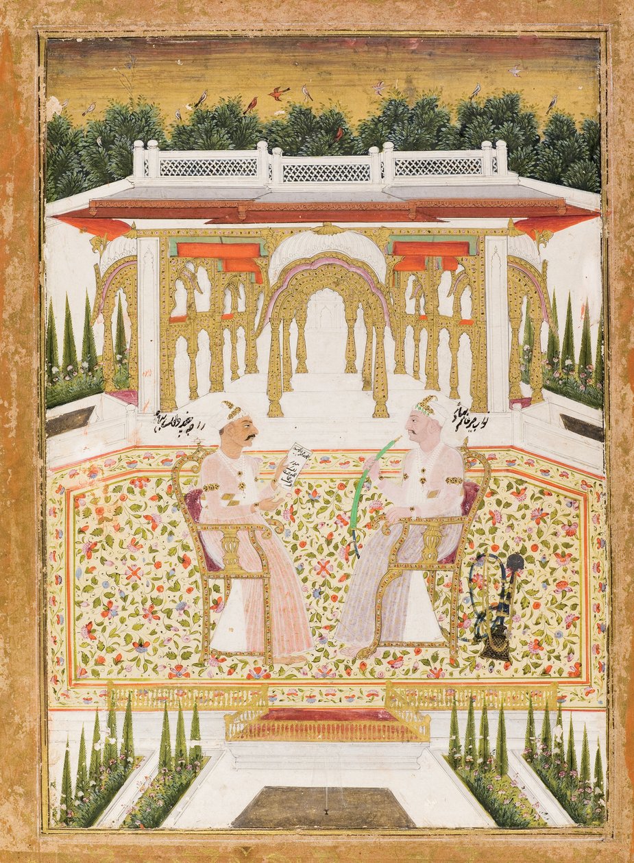 Nawab Mir Alam Bahadur i Raja Chandu Lal Bahadur, ok. 1800 (nieprzezroczysta toaleta i złoto na papierze) autorstwa Indian School