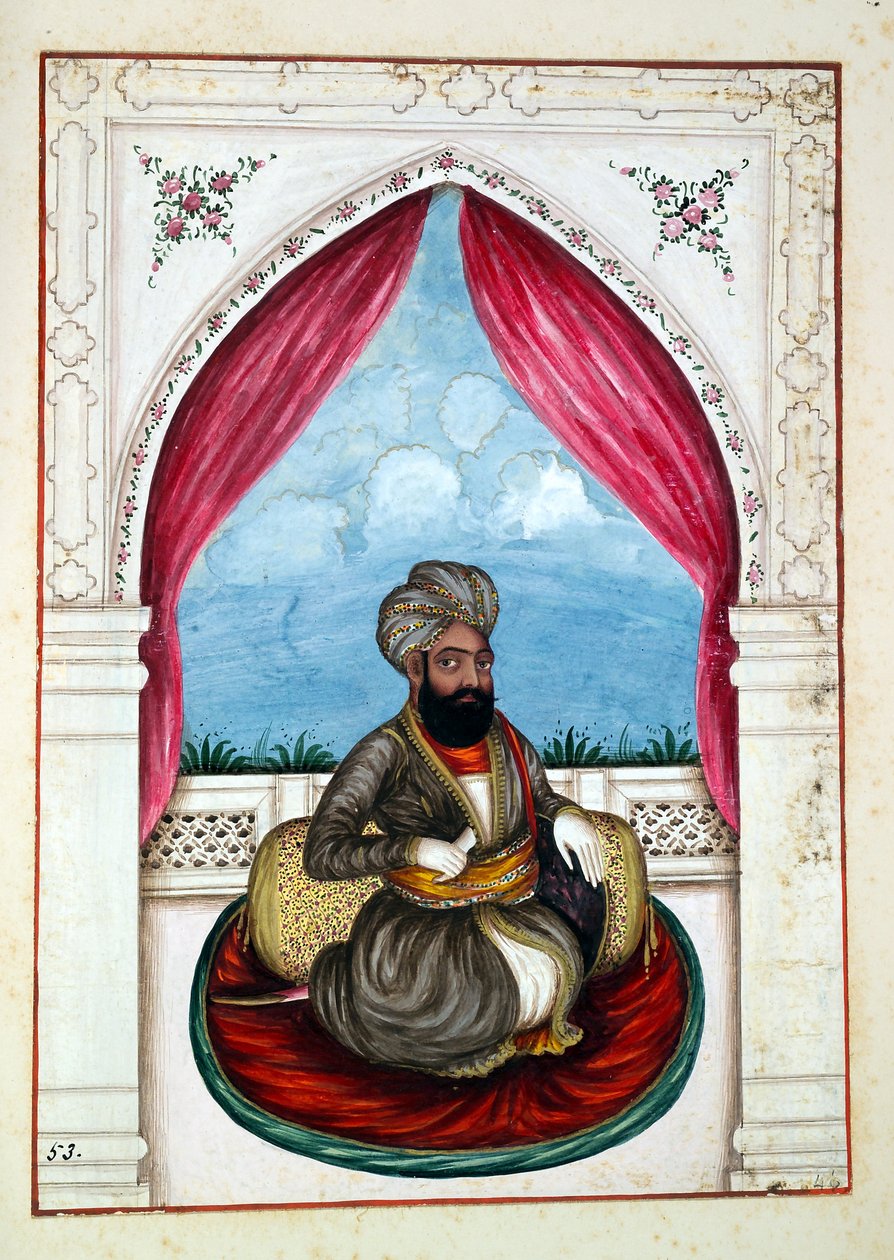 Nawab Mohammad Akhbar Khan, z Królestwo Pendżabu, jego władcy i wodzowie, tom II, tom 30 studiów akwarelowych niezidentyfikowanego indyjskiego artysty, ok. 1840 (wc na papierze) autorstwa Indian School