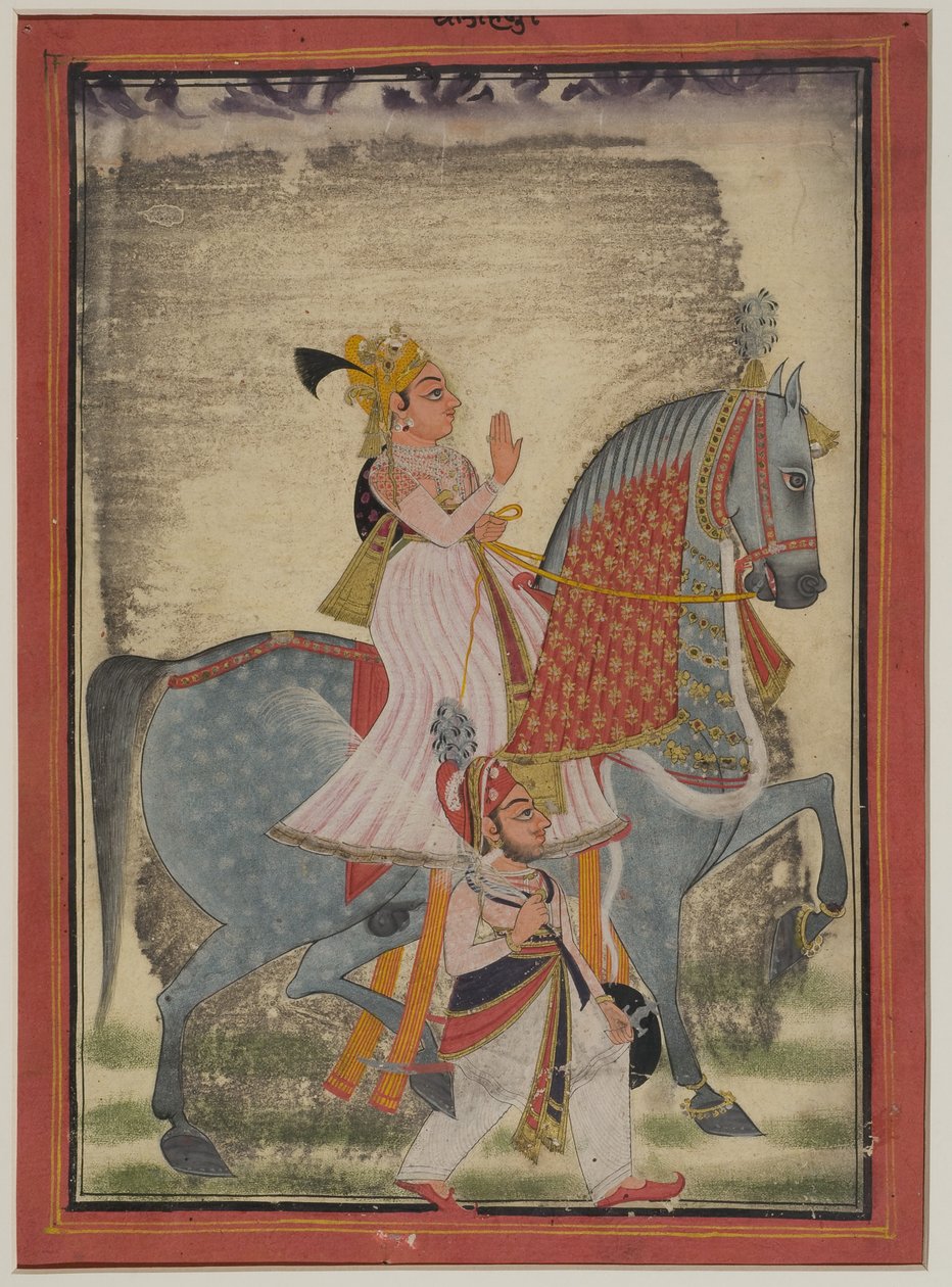 Szlachcic z Mewaru dosiadający Nur w towarzystwie pieszego Saisa, 1820 r. autorstwa Indian School