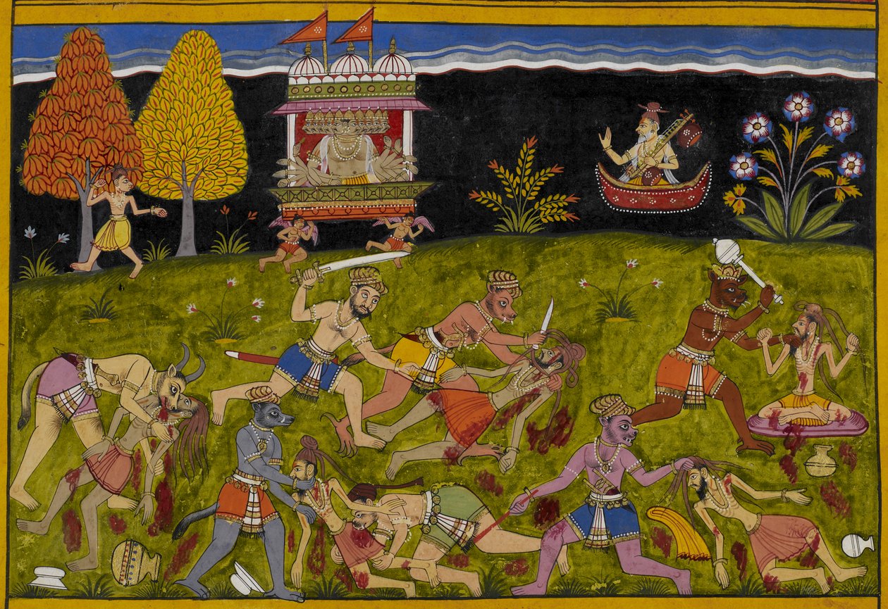 Nārada namawia Rāvaṇę, by rzucił wyzwanie Yamie zamiast śmiertelnikom, gdy demony pustoszą leśnych riszich. autorstwa Indian School