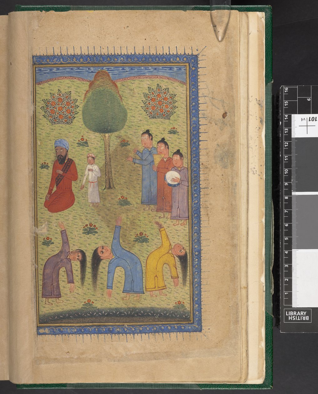 OMS/Or.1403, f.9v: Sufi tańczą, z muzykami i widzami, z „Szahname”, długiego poematu epickiego napisanego przez perskiego poetę Ferdowsi, Indie autorstwa Indian School