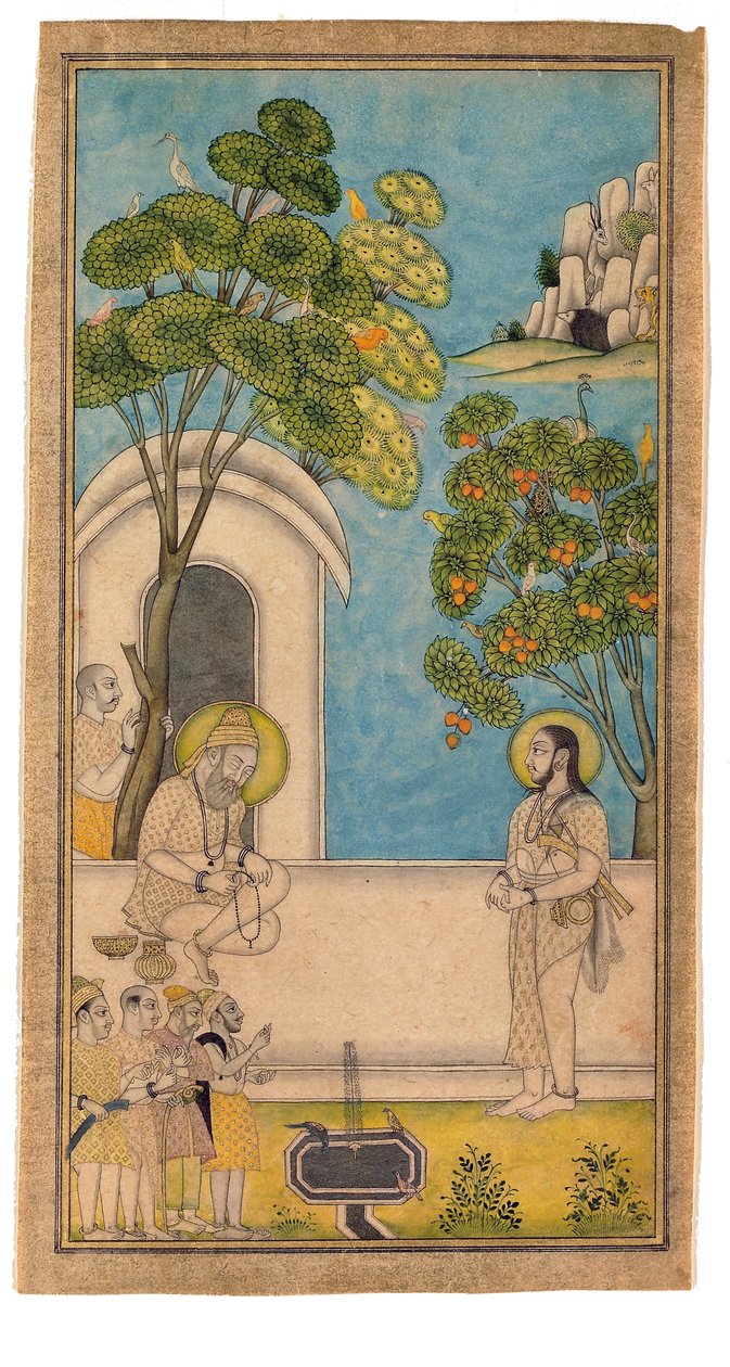 Jeden święty człowiek przychodzi z wizytą, 1700-25 (nieprzezroczysta toaleta i złoto na papierze) autorstwa Indian School