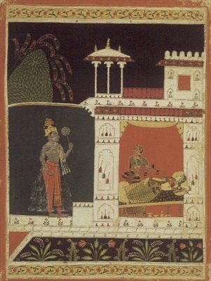 Paradhina Nayika, z „Rasavali of Puhakara” wpisany na odwrocie w Devanagari, Malwa, Radźput School autorstwa Indian School