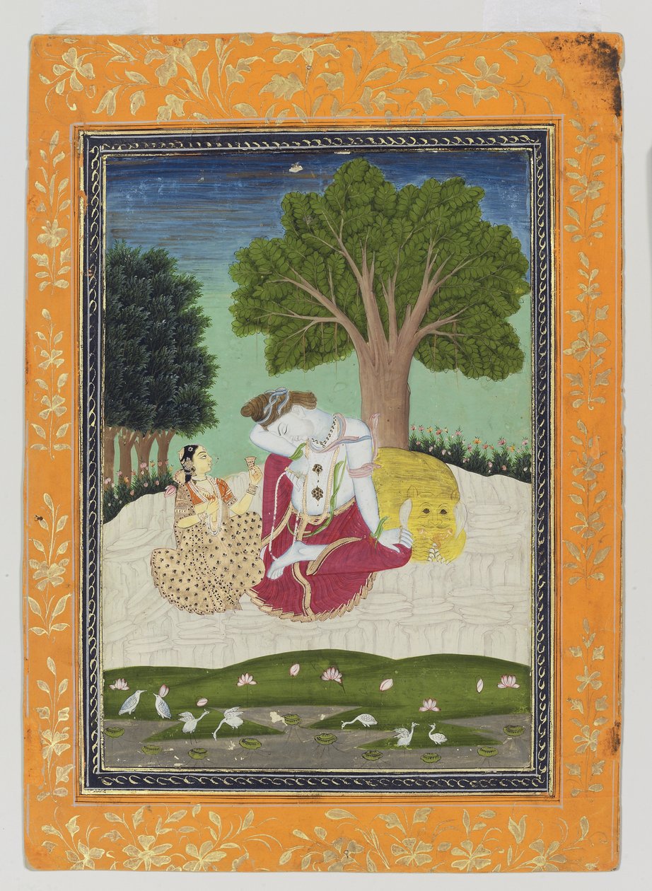 Parvati oferuje kubek Shivie, ok. 1800 (nieprzezroczysta toaleta i złoto na papierze) autorstwa Indian School