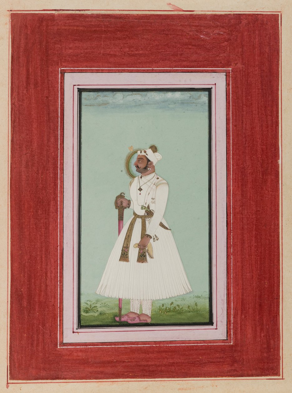 Portret Rao Vir Singha, ok. 1780-1790 (nieprzezroczysta toaleta i złoto na papierze) autorstwa Indian School