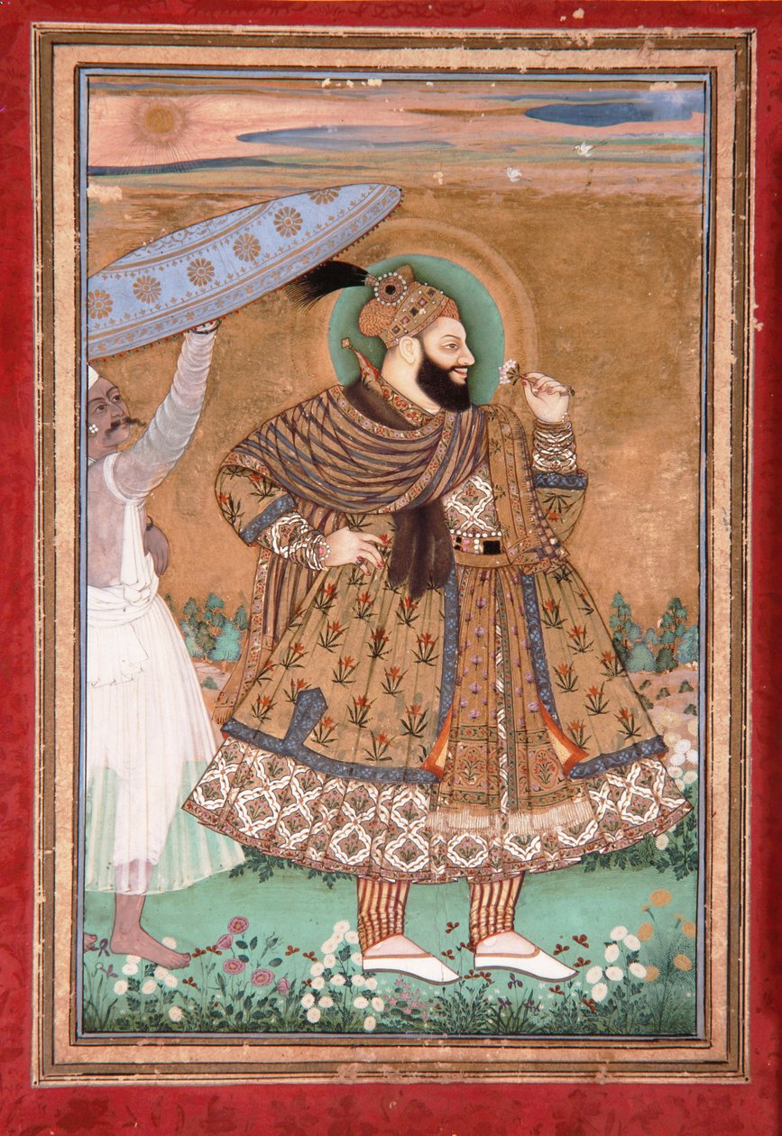 Portret sułtana Abula Hasana z Golkondy, stojący, ok. 1675 (nieprzezroczysta toaleta i złoto na papierze) autorstwa Indian School