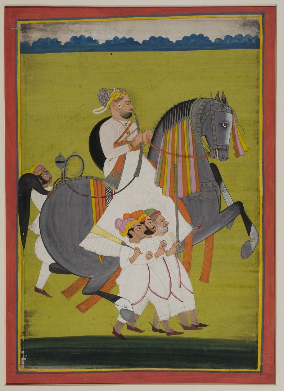 Portret Thakura Surtana Singha z Nimbaju, na koniu z towarzyszącymi mu pieszymi, 1820 (gwasz na papierze indyjskim) autorstwa Indian School