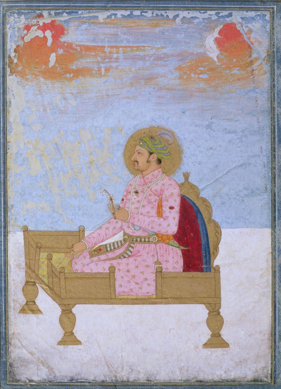 Portret cesarza Jahangira (1569-1627) siedzącego na tronie trzymającego sarapesh, Mogołów, ok. 1720-40 autorstwa Indian School
