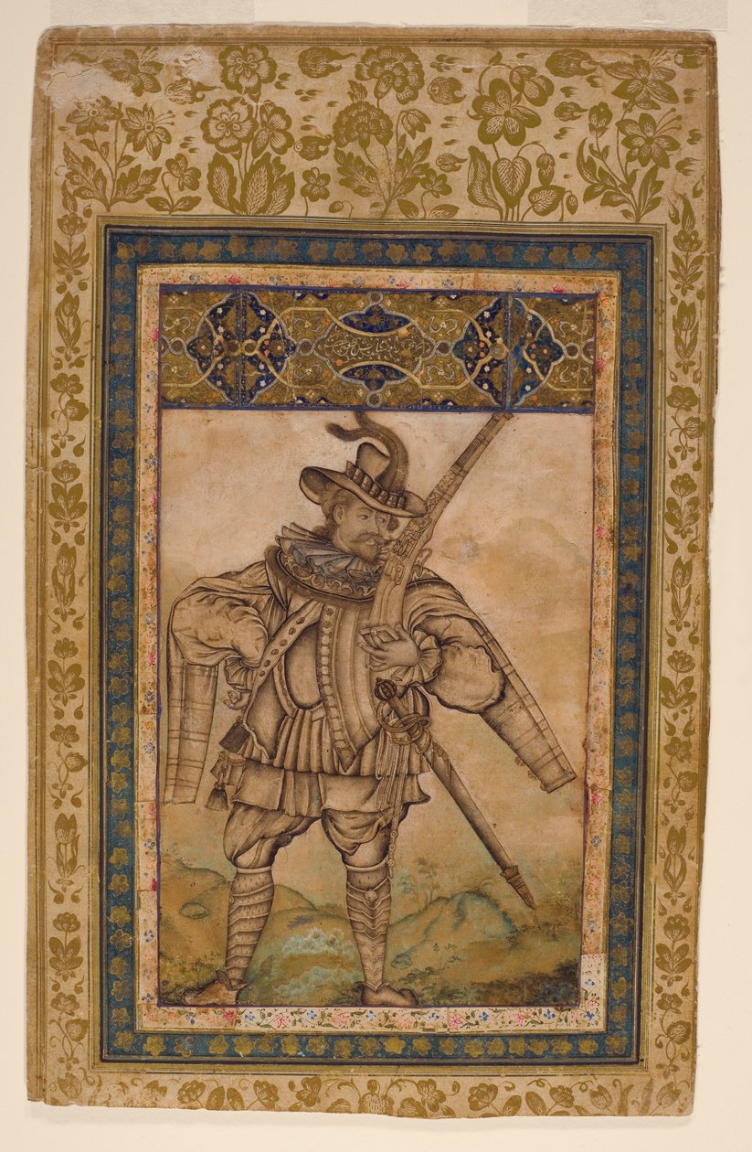 Portret portugalskiego admirała Albuquerque, ok. 1615 (nieprzezroczysta toaleta i złoto na papierze) autorstwa Indian School