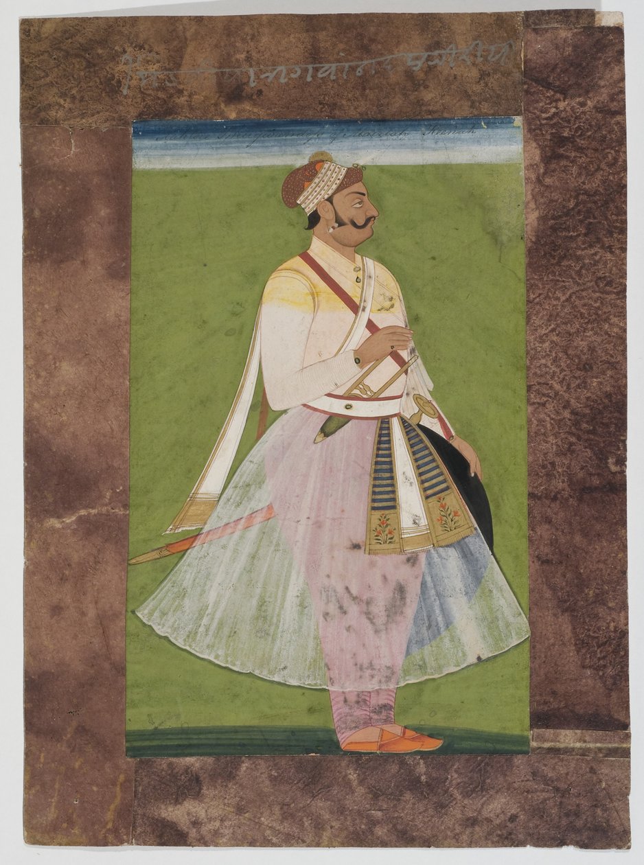 Portret wodza Rathorów Bhagwana Dasa, z klanu Mertia z Rian, Jodhpur, 1820 (gwasz na papierze indyjskim z obramowaniem z brązowego papieru) autorstwa Indian School
