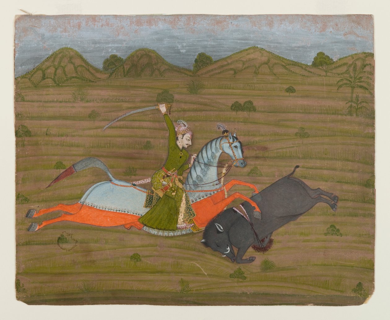 Książę polujący na dzika (malarstwo miniaturowe), 1765 (nieprzezroczyste wc i złoto na papierze) autorstwa Indian School