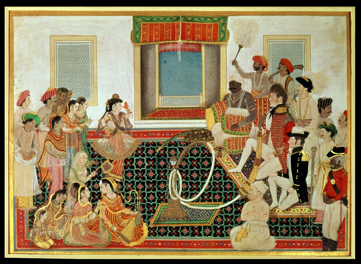 Książę Mahadaji Sindhia zabawiający oficera armii brytyjskiej i oficera marynarki wojennej, ok. 1820 (gwasz na papierze) autorstwa Indian School