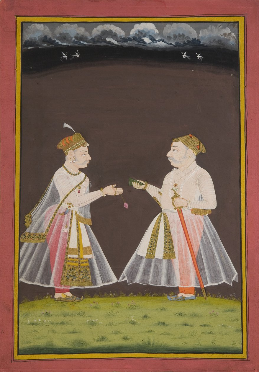 Prawdopodobnie portret Rana Raj Singh z Udaipuru (1661-81) oferującego patelnię szlachcicowi, 1820 autorstwa Indian School