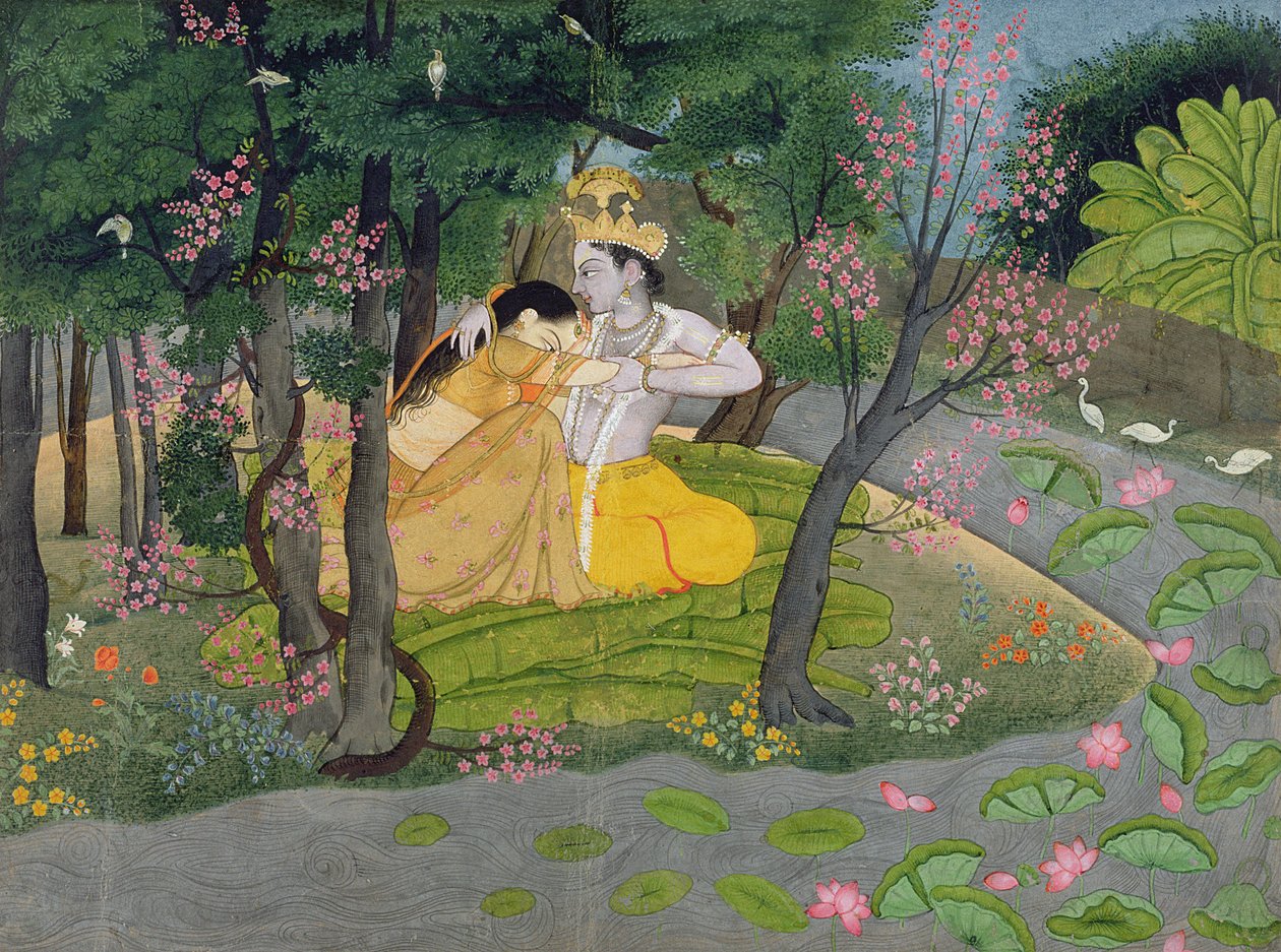 Radha i Krishna w gaju kwitnących drzew, ok. 1780 r. (wc na papierze) autorstwa Indian School