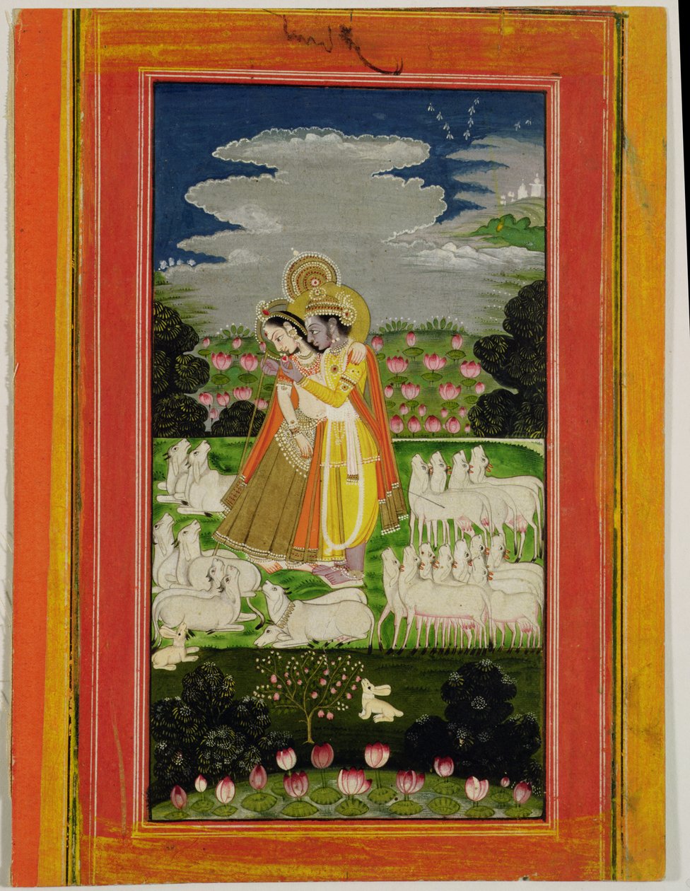 Radha i Krishna obejmują się w wyidealizowanym krajobrazie z krowami, ok. 1780 (nieprzezroczysta toaleta na papierze) autorstwa Indian School