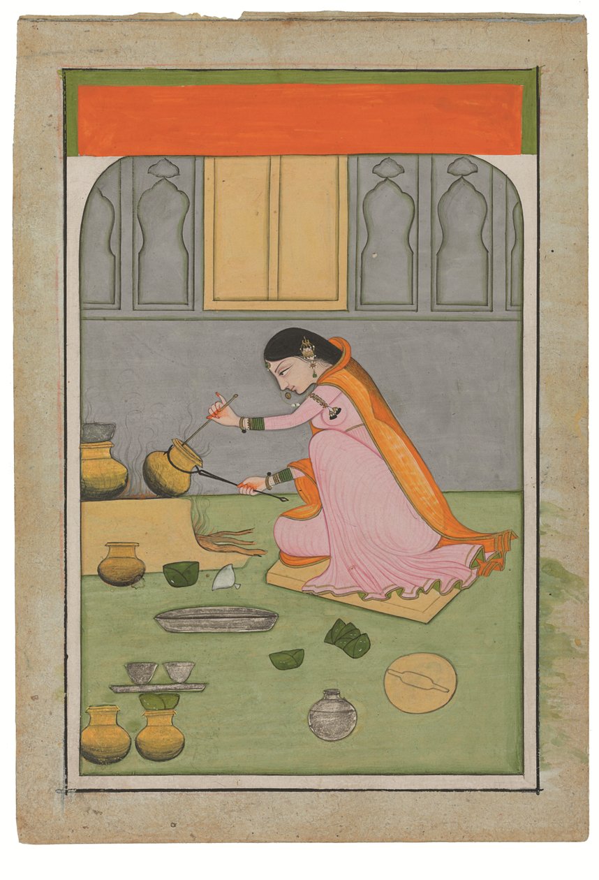 Radha w kuchni, ok. 1810 (nieprzezroczyste pigmenty i złoto na wasli) autorstwa Indian School
